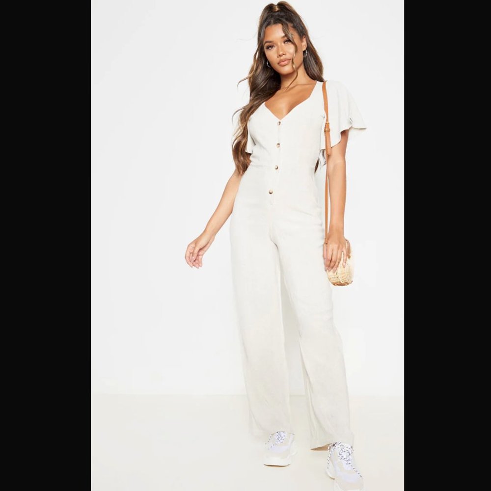 STONE WOVEN FRILL SLEEVE WIDE LEG JUMPSUIT